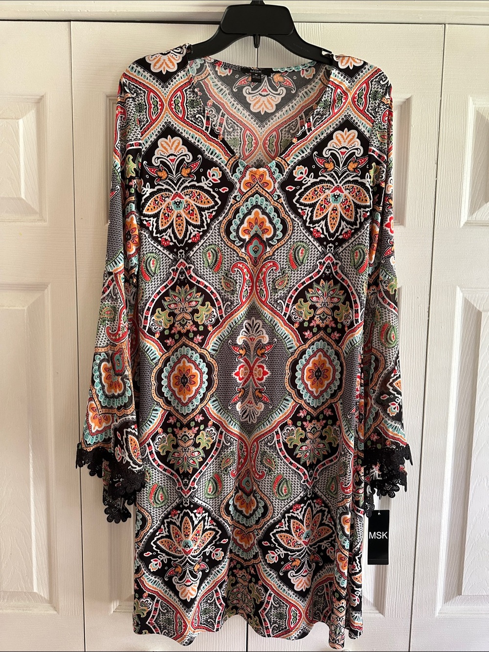 MSK Black Paisley Print Long Sleeve Tunic with Lace Trim Size Medium